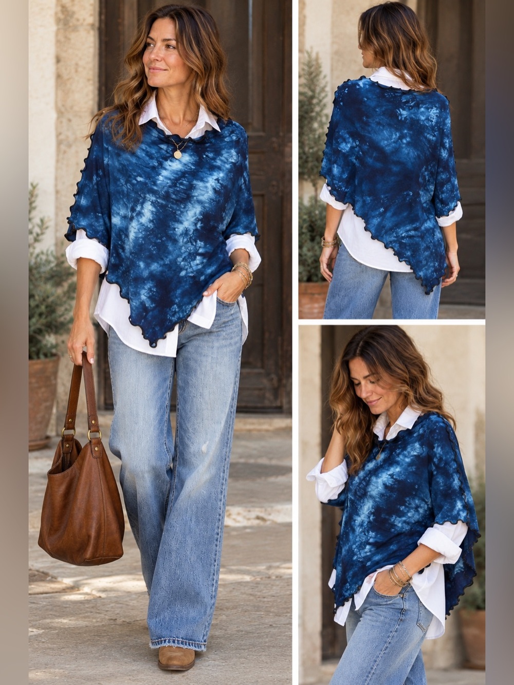 Handcrafted Tie-Dye Navy Blue asymmetrical Poncho Sweater OS